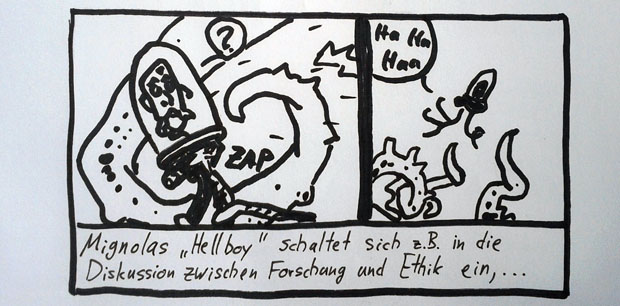 Mignolas Hellboy schaltet sich z.B. in die Diskussion zwischen Forschung und Ethik ein, ...